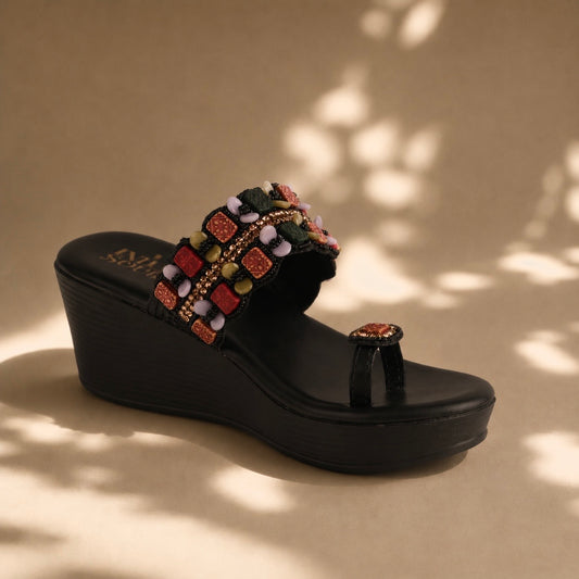 Maharani Wedge Kolhapuris - Black