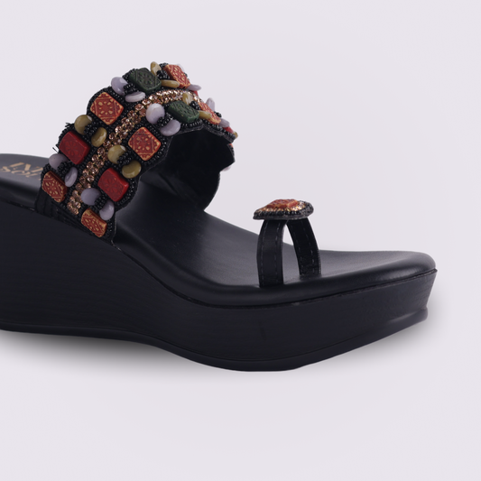 Maharani Wedge Kolhapuris - Black
