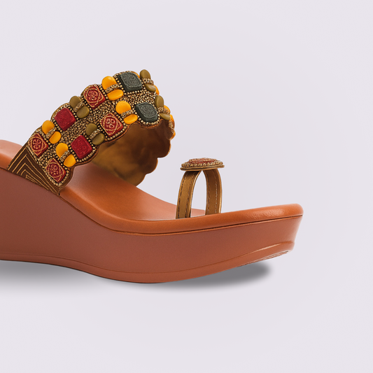 Maharani Wedge Kohlapuris - Tan